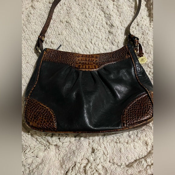 Brahmin Tuscan Shoulder Bag Pecan Croc Black Leather Purse - Picture 2 of 14